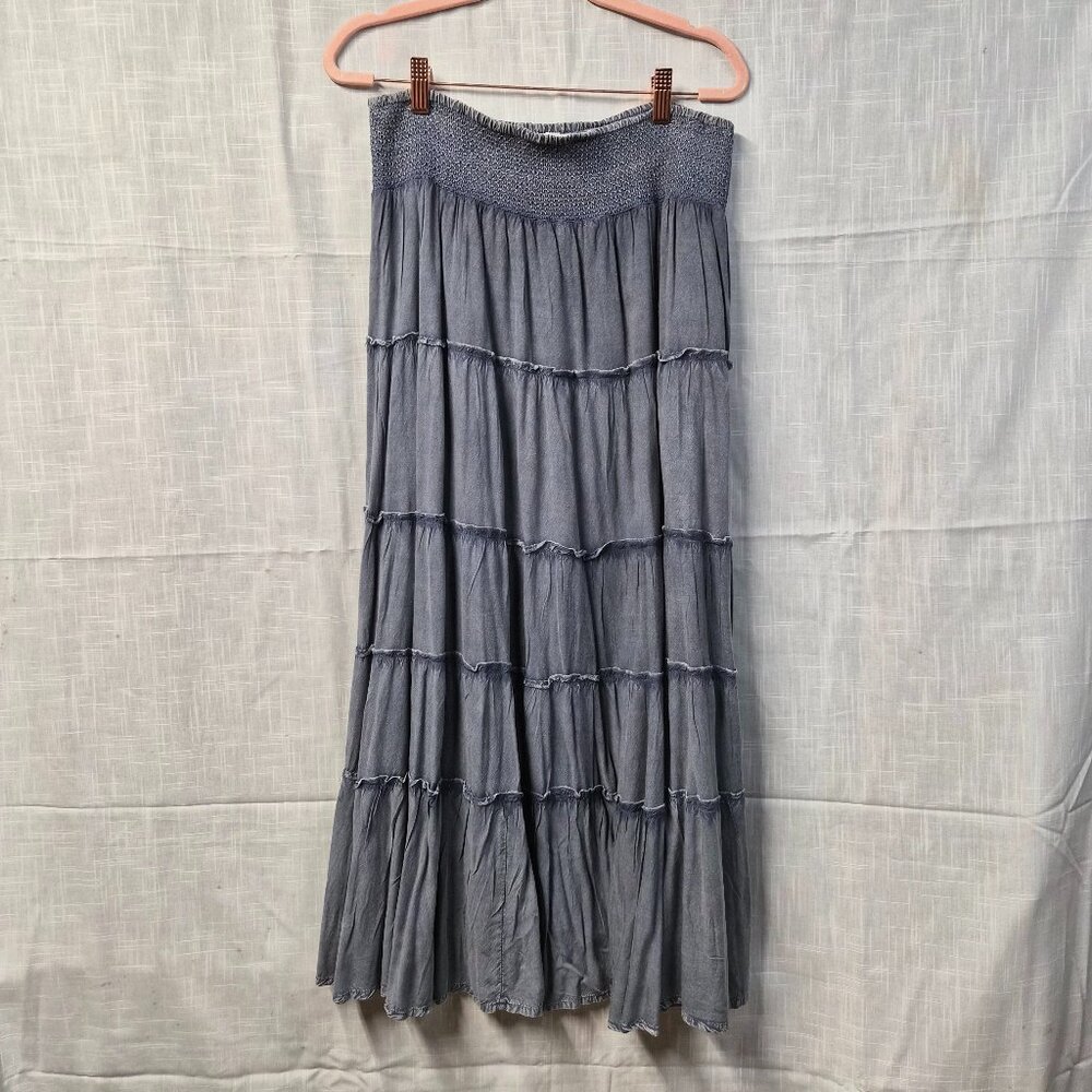 Lucky & Coco Denim-like Tiered Smocked Waist Maxi Skirt Boho Flowy Festival